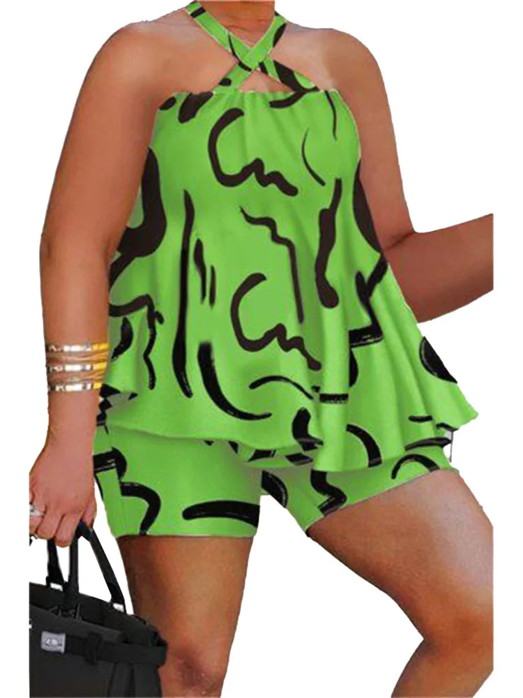 Women's Plus-Size Sleeveless Printed Short Top and Pants Beach Set