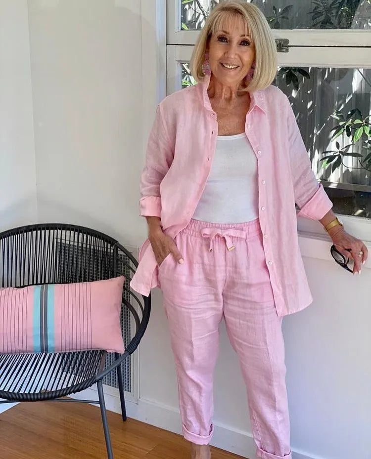 Women's Cotton Linen Shirt and Pants 2-Piece Set