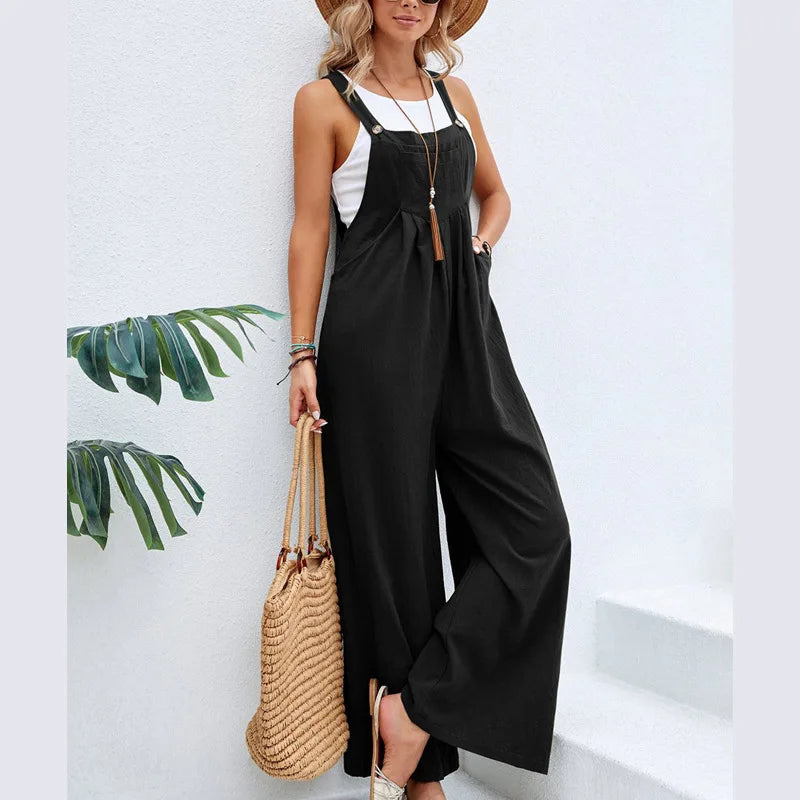 Women's Sleeveless Loose Backless Wide-Leg Jumpsuit Romper