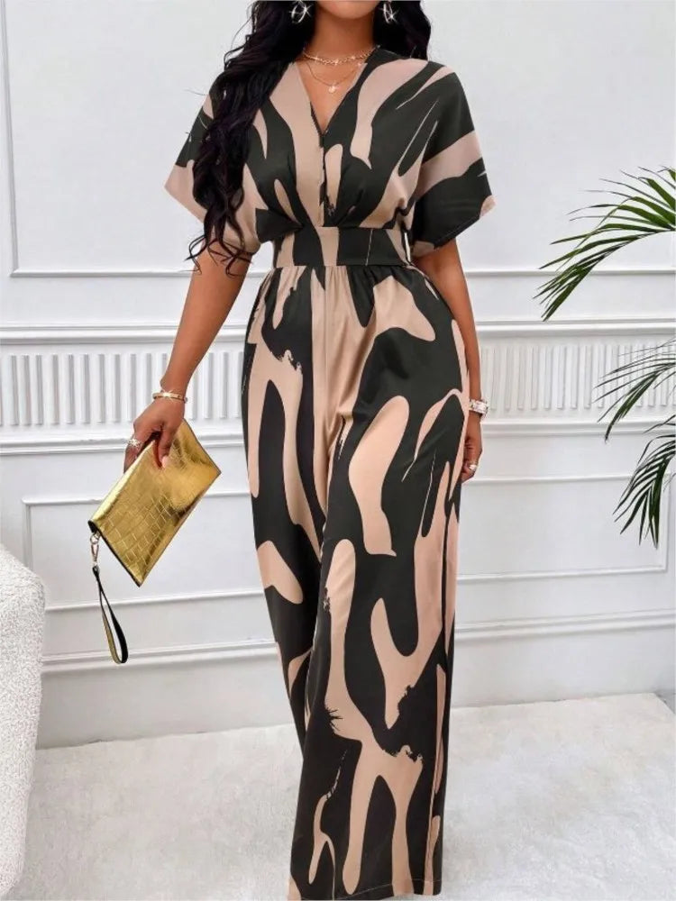 Women's V-Neck Short-Sleeve Printed Wide-Leg Jumpsuit