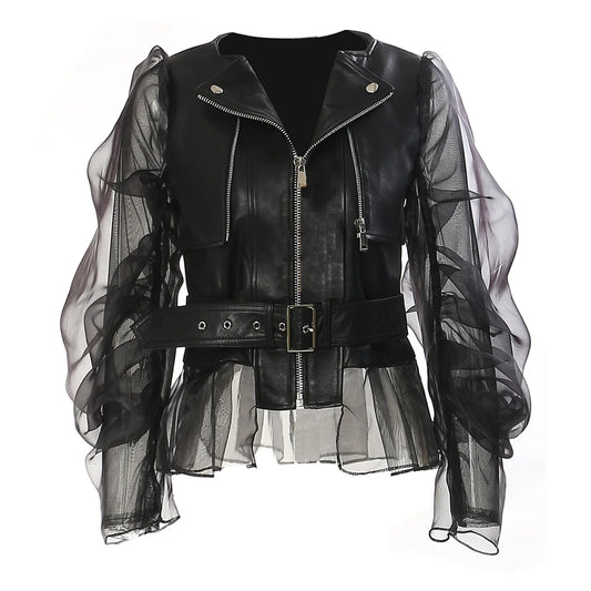 Fashionable and domineering women'sperspective patchwork mesh leather jacket motorcycle rock zipper jacket premium Women's tops
