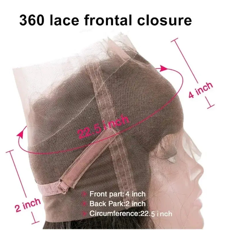 360 lace frontal closure dimensions with 22.5 inch circumference and measurements of 4 inch front part and 2 inch back park.