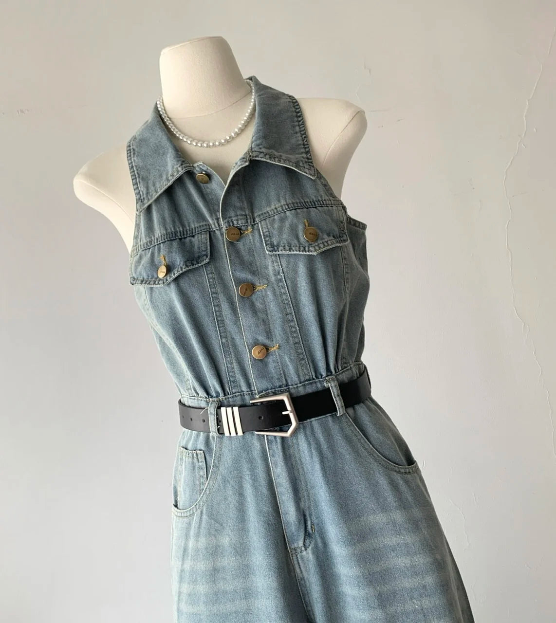 Women's Polo-Neck Sleeveless Denim Wide-Leg Jumpsuit