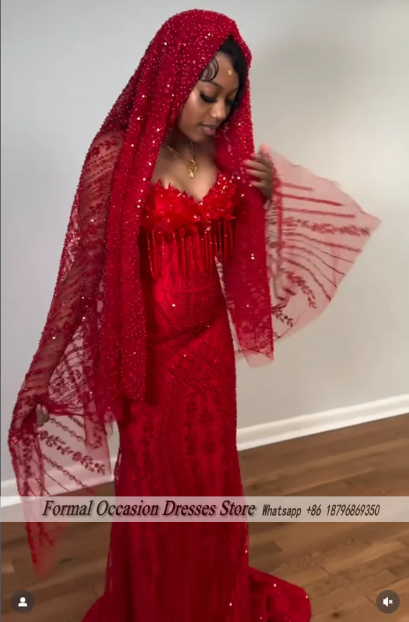 Women's Red Sequin Beading Sleeveless Prom Dress With Veil