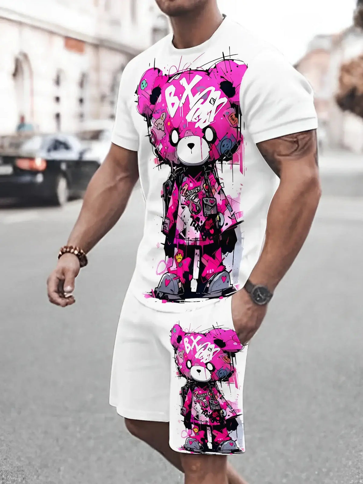 Men's Loose Graffiti-Print Crew-Neck Short-Sleeve T-Shirt and Shorts Set