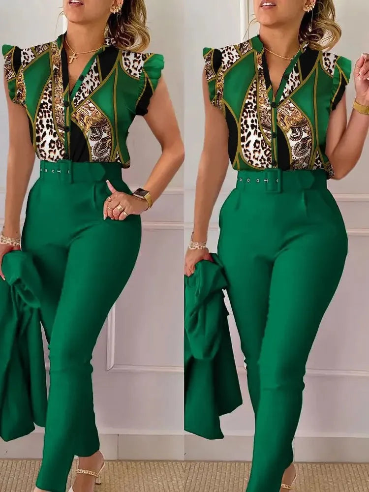 Women's Printed Sleeveless Shirt and Belted Pants Office Set