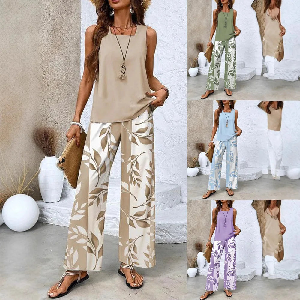 Women's Flower Stripe Two-Piece Set, Sleeveless Vest and Long Pants
