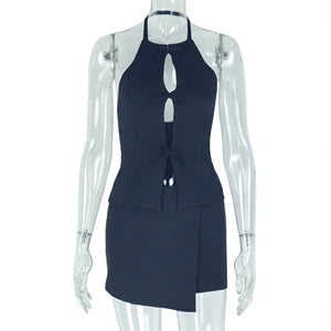 Women's White Hollow Halter Backless Top and Irregular Mini Skirt Set