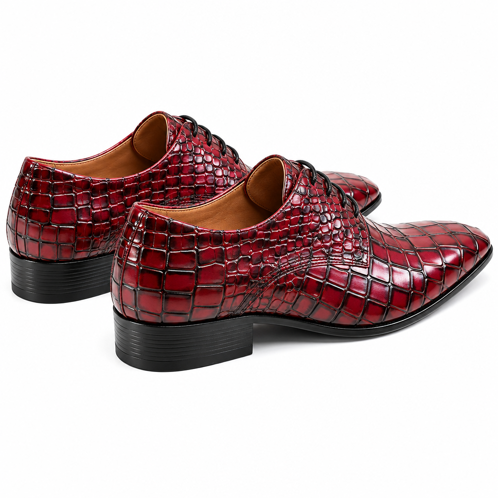 Red black printed derby oxford heel view
