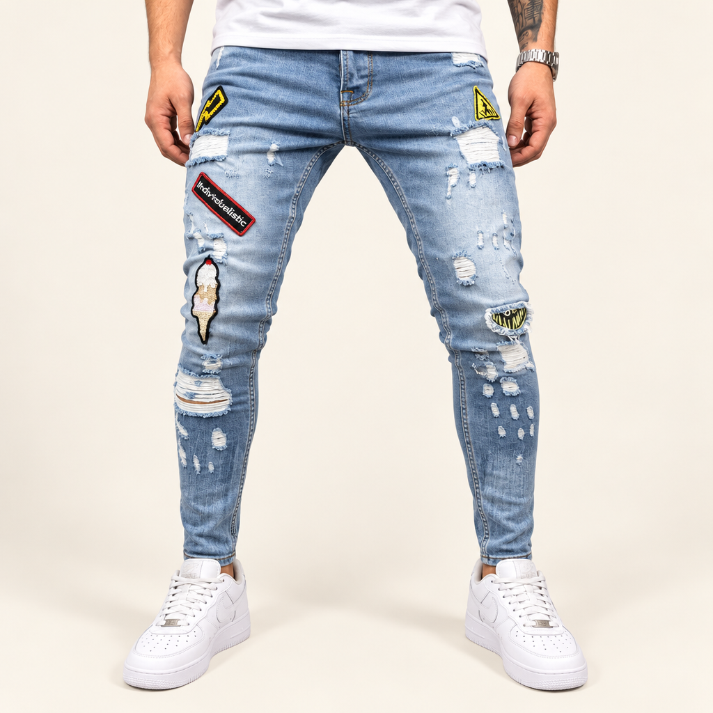 Light blue patch skinny jeans front view