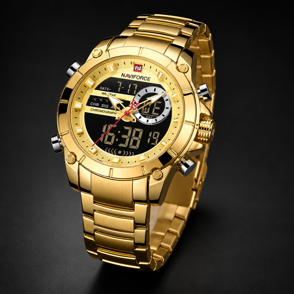 Men's gold NAVIFORCE dual display military sport watch clean product photo