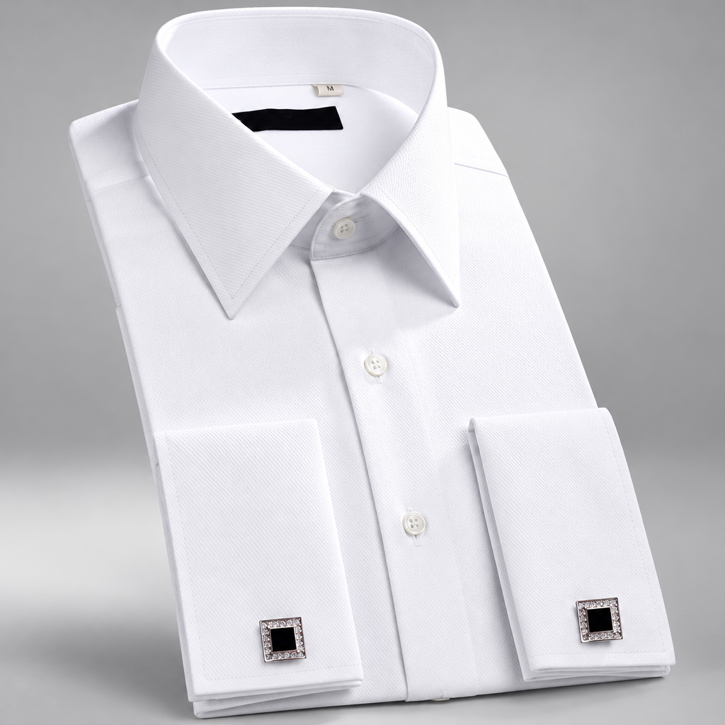 Men's white French cuff long sleeve dress shirt clean product photo