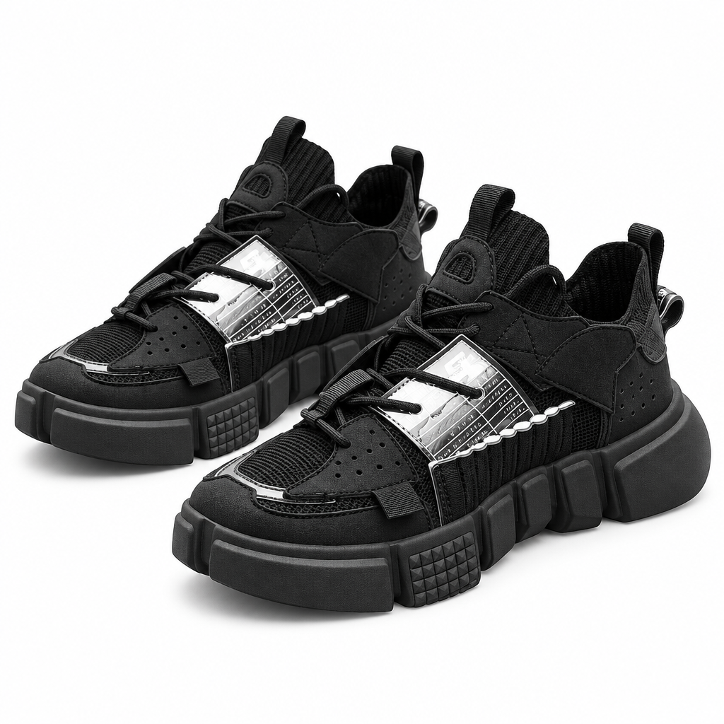 Men's black thick-sole casual running sneakers clean product photo