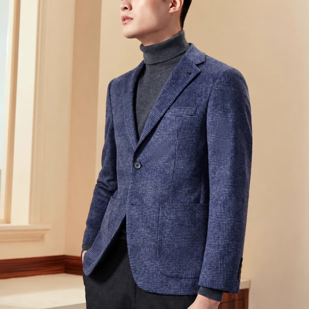 Men's blue plaid wool blend blazer