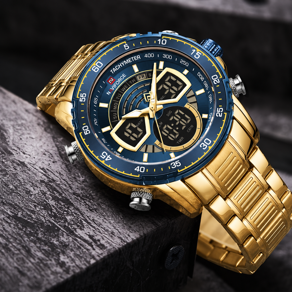 Men's gold blue NAVIFORCE analog-digital military watch clean product photo