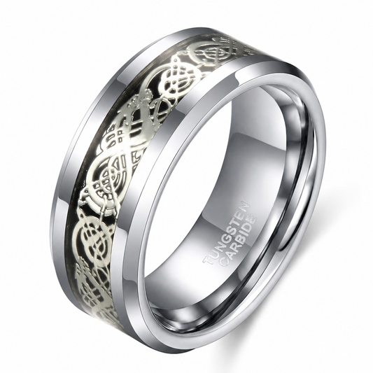 Men's silver tungsten carbide wedding band dragon inlay