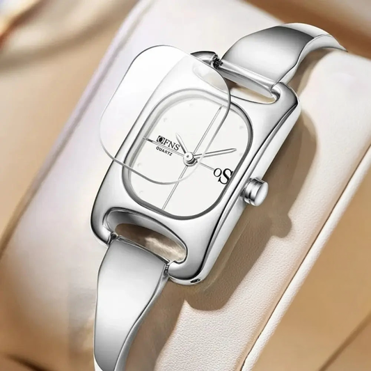 Women's square 3D studded waterproof alloy quartz watch silver clean product photo