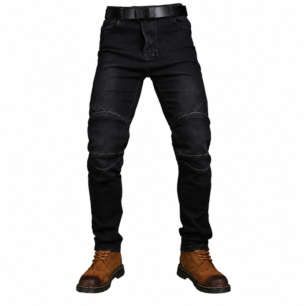 Men's black motorcycle jeans clean product photo