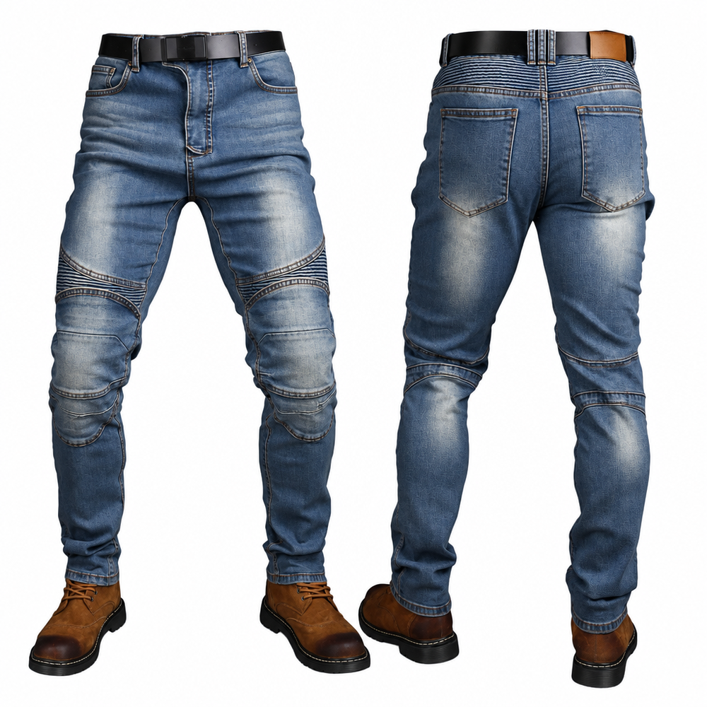 Men's blue motorcycle jeans front and back clean product photo