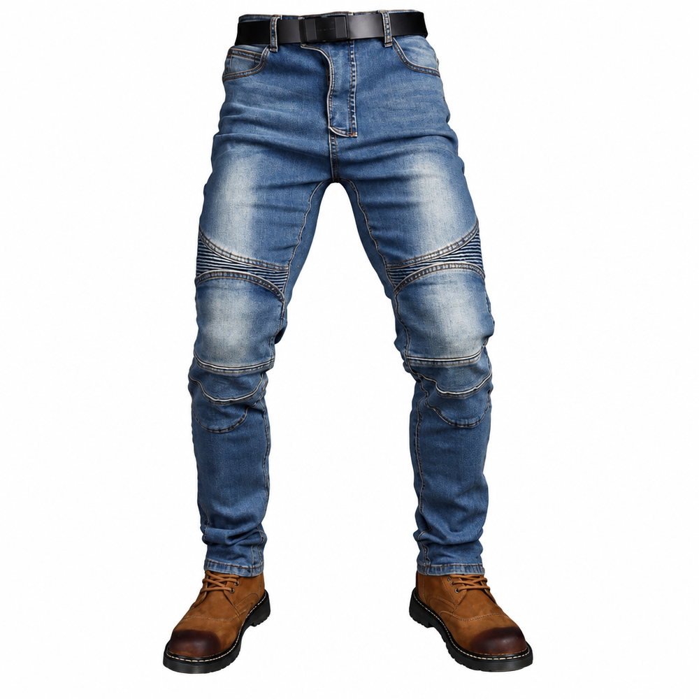 Men's blue motorcycle jeans alternate style clean product photo