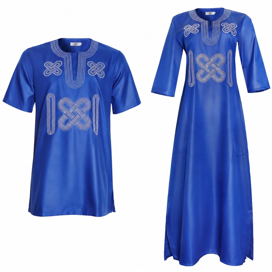 African embroidery dashiki couple dress and shirt set blue