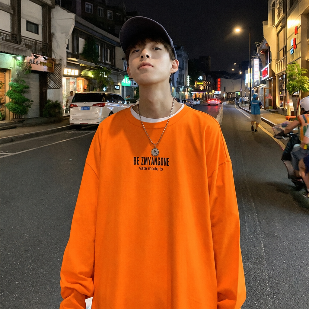 Men's graphic letter long sleeve Harajuku street t-shirt orange
