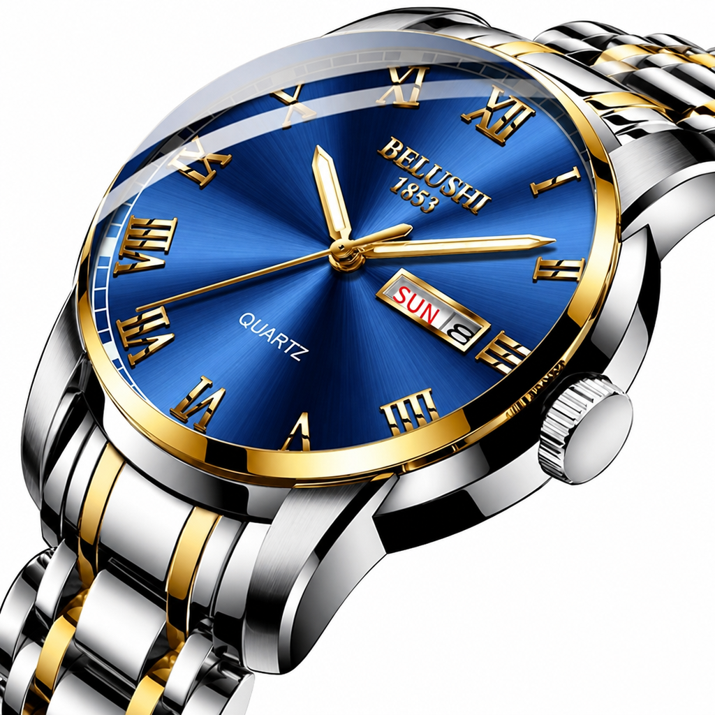Men's luminous stainless steel business quartz watch clean product photo