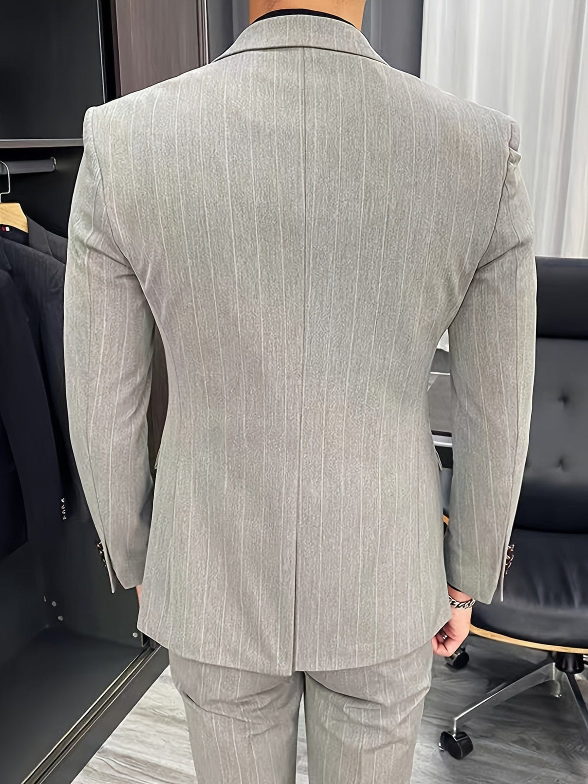 Small Size & Order Size Up, Men's Casual Striped Light Gray Suit