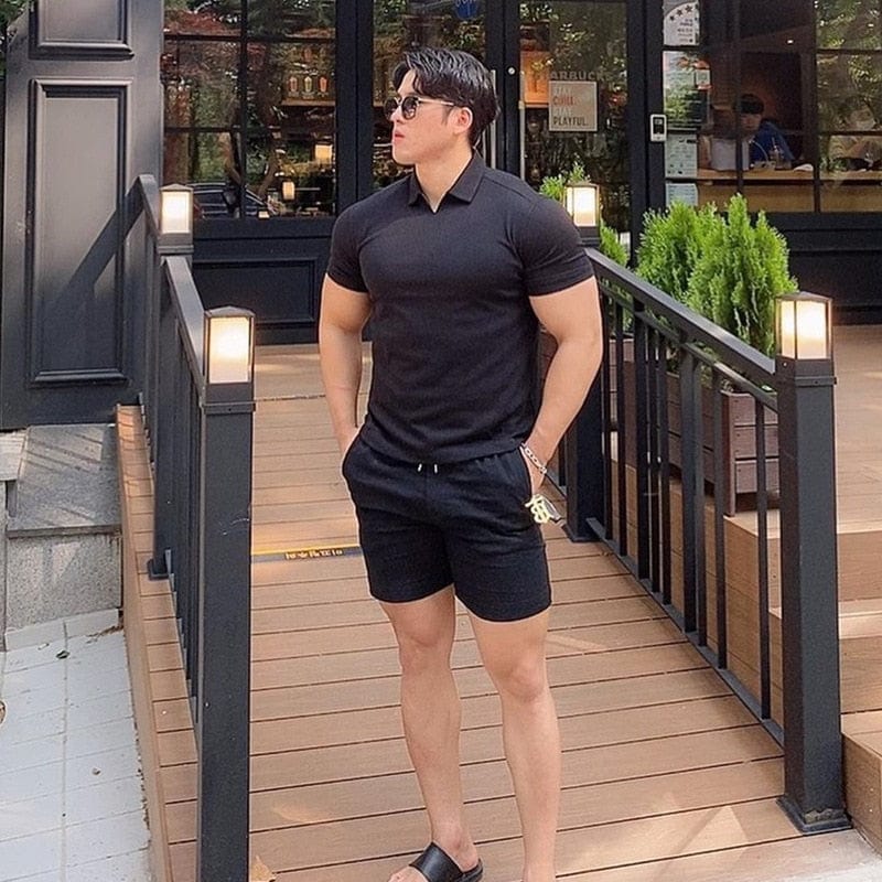 Men's Solid V-Neck Short-Sleeve Slim Fitness Polo Shirt
