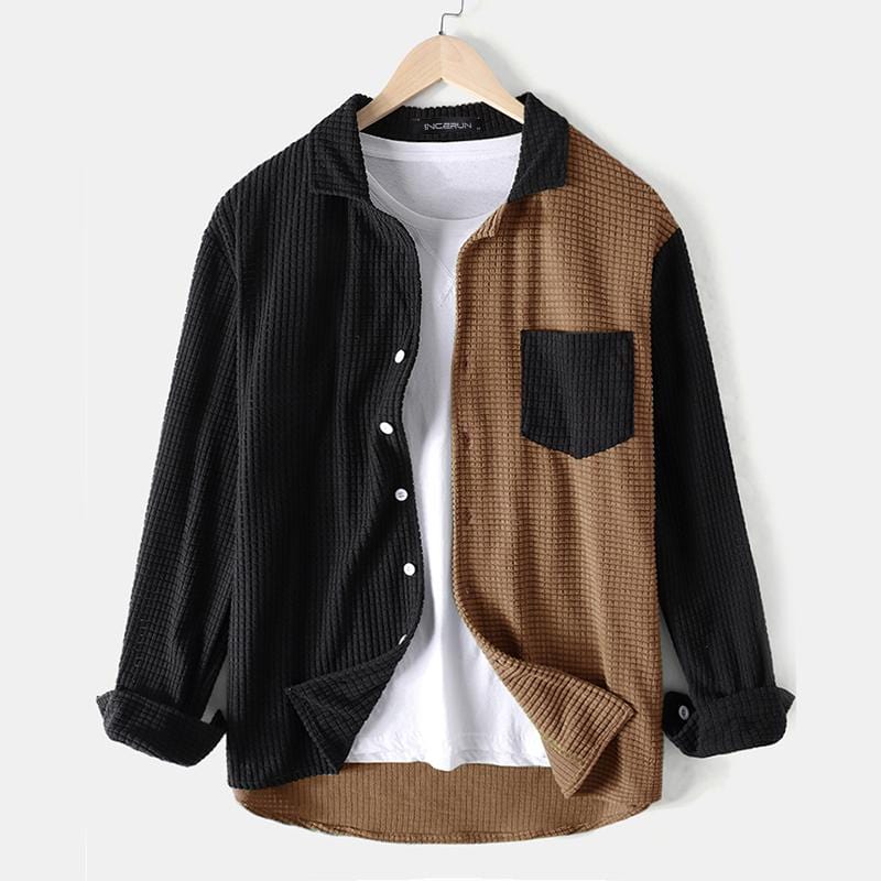 Men's Patchwork Turn-Down Collar Long Sleeve Casual Shirt
