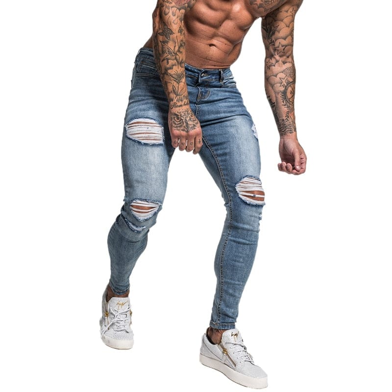Men's Light Blue Distressed Super Skinny Stretch Jeans