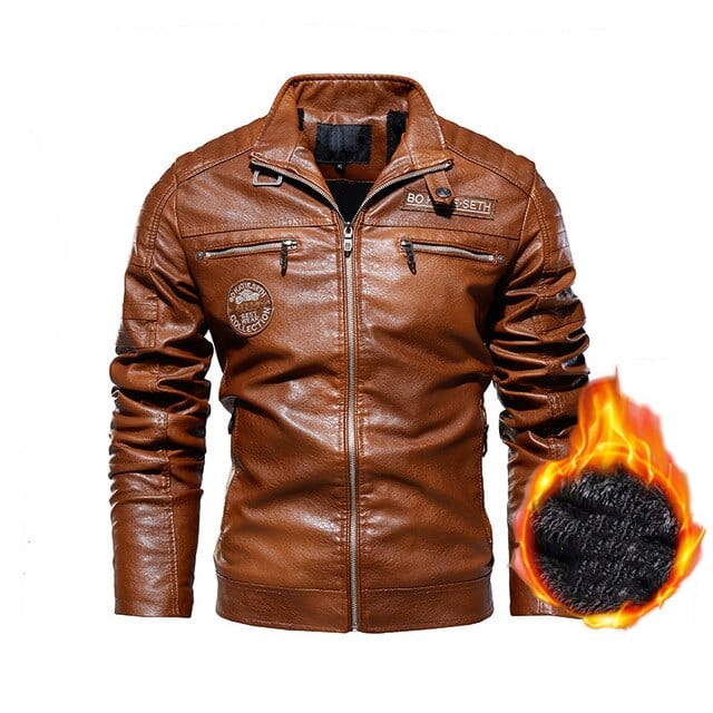 Men's Winter Fleece Faux Leather Motorcycle Stand-Collar Jacket
