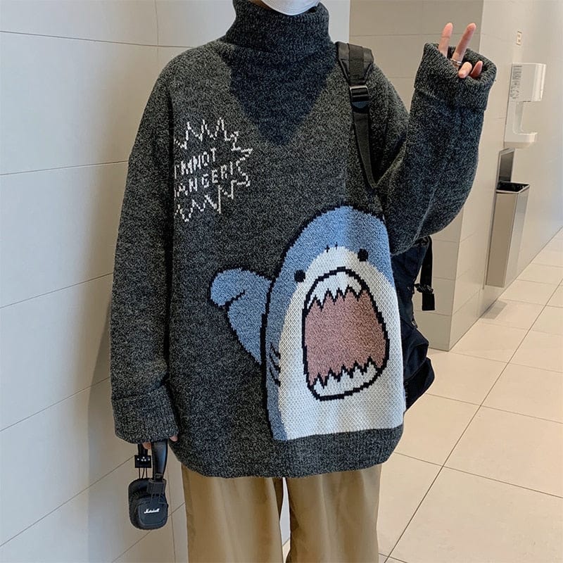 Men's Oversized Patchwork Turtleneck Sweater 2026, Grey Korean Style High Neck