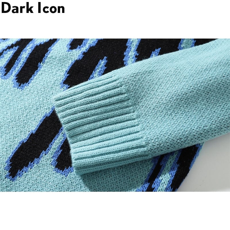 Men's Blue Flame Knit Pullover Streetwear Sweater