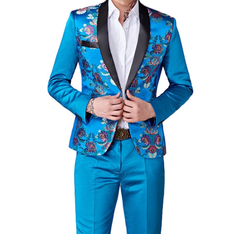 Men's Colorful Slim Fit Flower Blazer and Pants Two-Piece Suit