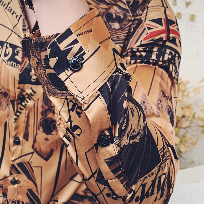 Men's Gold Newspaper Print Long Sleeve Floral Shirt