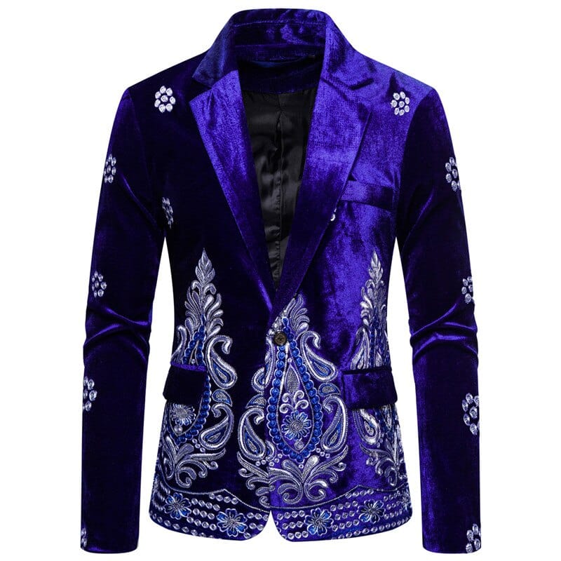 Men's Floral Embroidery Velvet Slim Fit Wedding Suit
