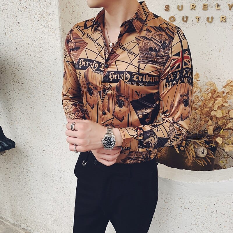 Men's Gold Newspaper Print Long Sleeve Floral Shirt