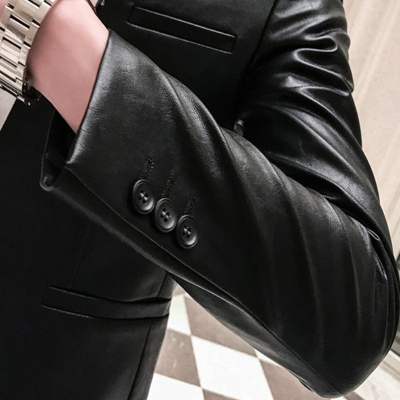 Men's Black Slim Fit PU Leather One-Button Blazer Prom Coat