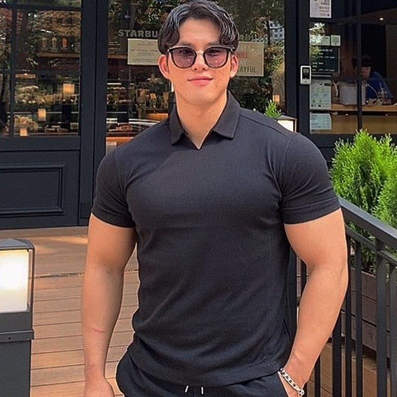 Men's Solid V-Neck Short-Sleeve Slim Fitness Polo Shirt
