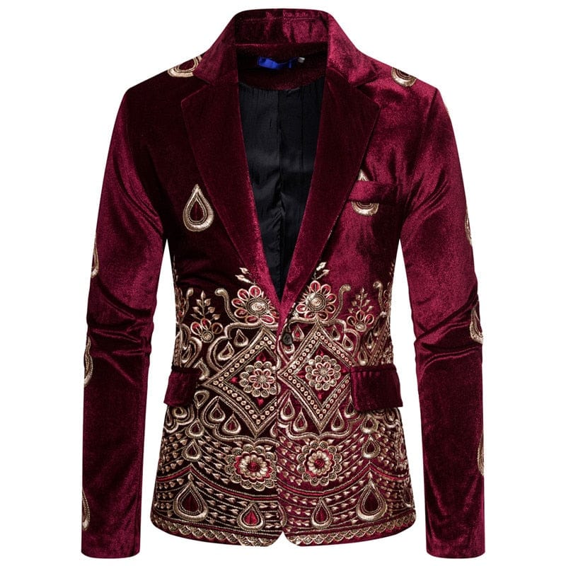 Men's Floral Embroidery Velvet Slim Fit Wedding Suit