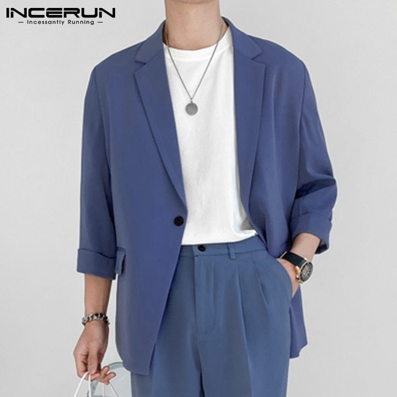 Men's Solid Lapel 3/4 Sleeve One Button Thin Blazer