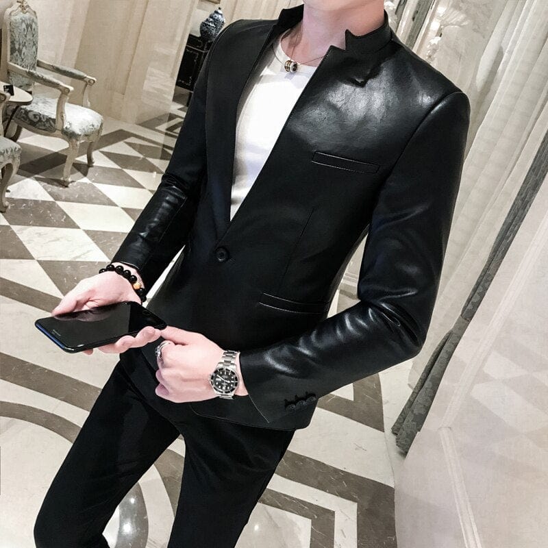 Men's Black Slim Fit PU Leather One-Button Blazer Prom Coat