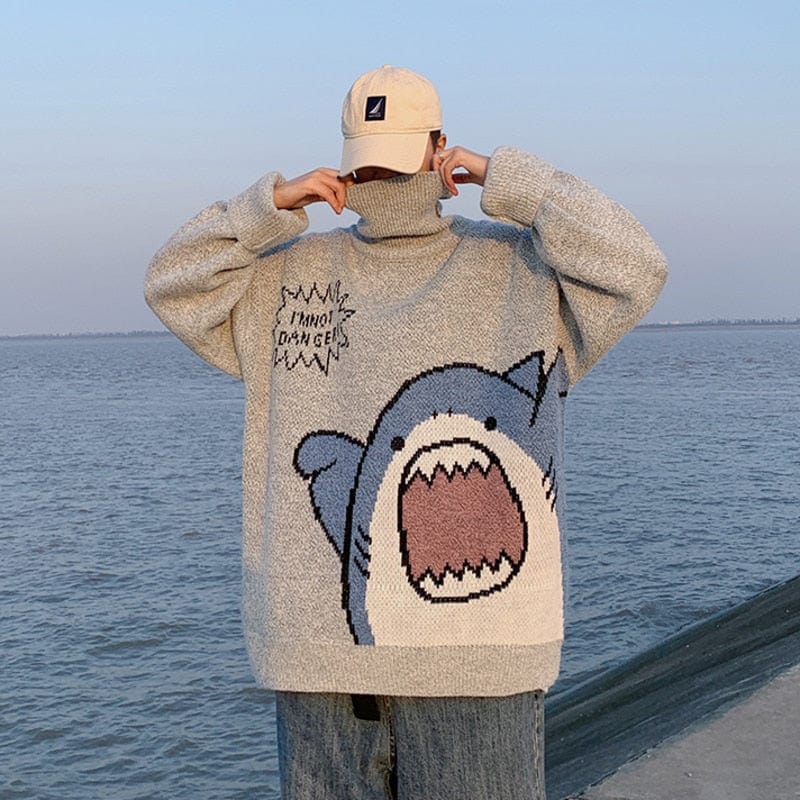 Men's Oversized Patchwork Turtleneck Sweater 2026, Grey Korean Style High Neck