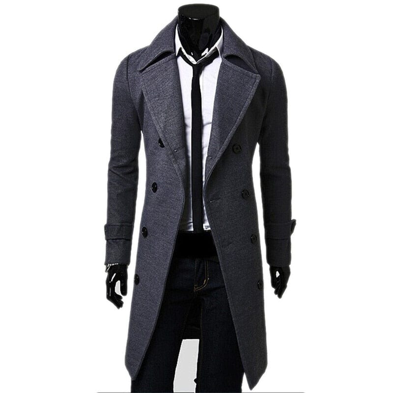 Men's Solid Color Double-Breasted Long Trench Coat