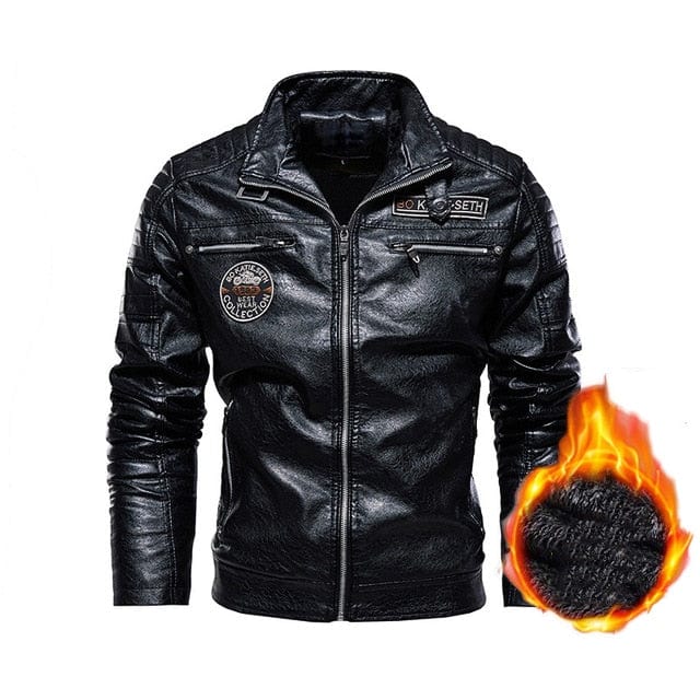 Men's Winter Fleece Faux Leather Motorcycle Stand-Collar Jacket