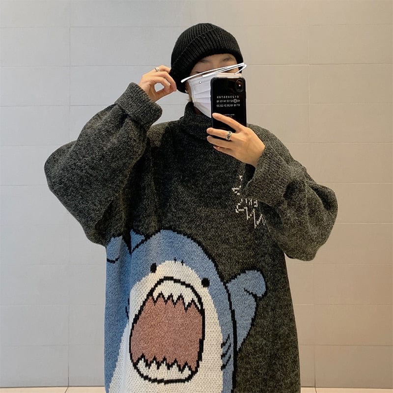 Men's Oversized Patchwork Turtleneck Sweater 2026, Grey Korean Style High Neck