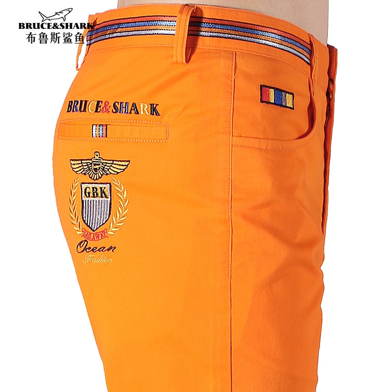 Men's Stretch Cotton Embroidered Casual Trousers, Plus Size