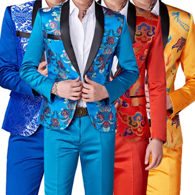 Men's Colorful Slim Fit Flower Blazer and Pants Two-Piece Suit
