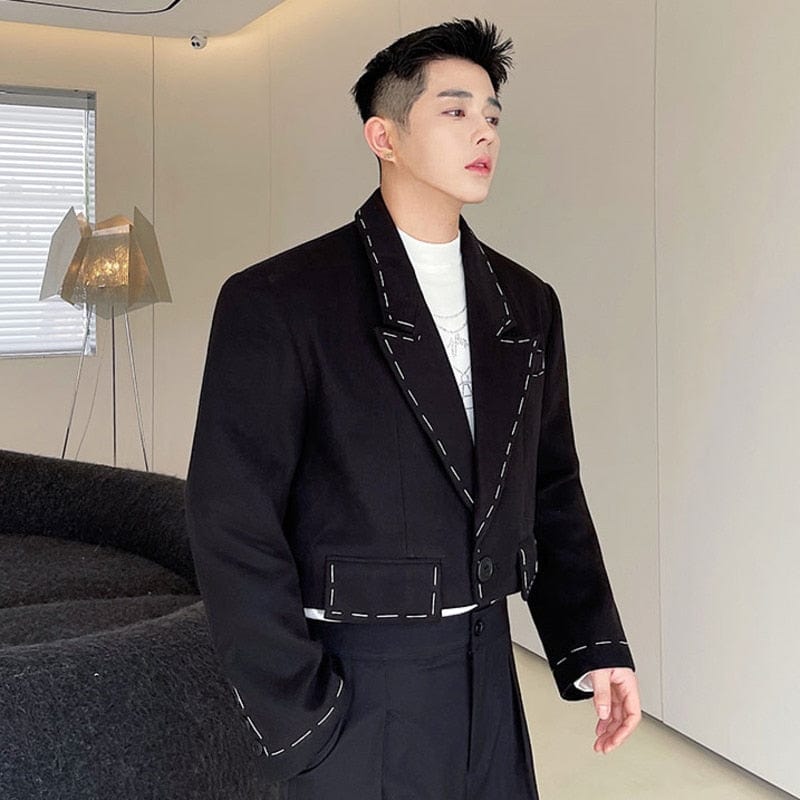 Men's Topstitched Loose Notched Woolen Suit Blazer